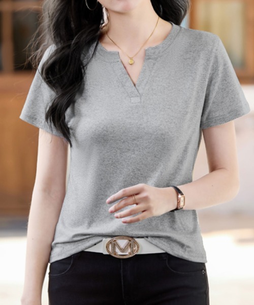 2ly2(トゥーリートゥー)の「キーネック 半袖カットソー 無地デザイン シンプルトップス デイリーTシャツ(Tシャツ/カットソー・レディース・グレー/ホワイト/ブラック・FREE)」の14枚目の写真