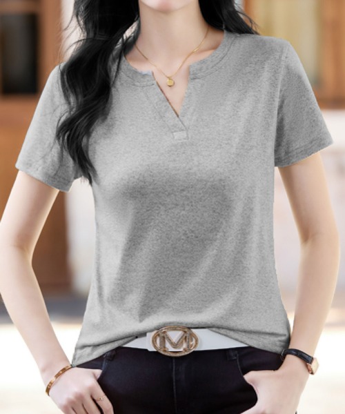 2ly2(トゥーリートゥー)の「キーネック 半袖カットソー 無地デザイン シンプルトップス デイリーTシャツ(Tシャツ/カットソー・レディース・グレー/ホワイト/ブラック・FREE)」の15枚目の写真