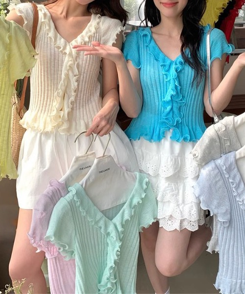MAISON DE THERESE(メゾン ド テレーズ)の「2026 夏新作 フレンチガーリーフリル マルチカラーレース襟 Vネックニットトップス スリムフィット(ニット/セーター・レディース・A/ブルー/GRAY/グリーン/Purple/White/Yellow/Black・FREE)」の22枚目の写真