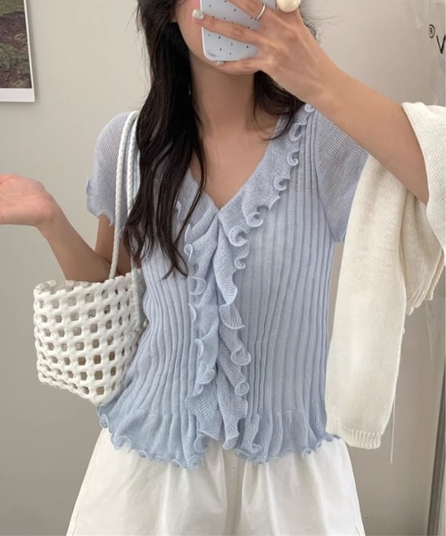 MAISON DE THERESE(メゾン ド テレーズ)の「2026 夏新作 フレンチガーリーフリル マルチカラーレース襟 Vネックニットトップス スリムフィット(ニット/セーター・レディース・A/ブルー/GRAY/グリーン/Purple/White/Yellow/Black・FREE)」の12枚目の写真