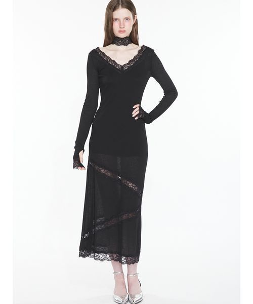SORIN(ソリン )の「Sheer Wool Rib Lace Dress / シアーウールリブレースドレス(ワンピース・レディース・ブラック/オフホワイト/カーキ・38/36)」の2枚目の写真