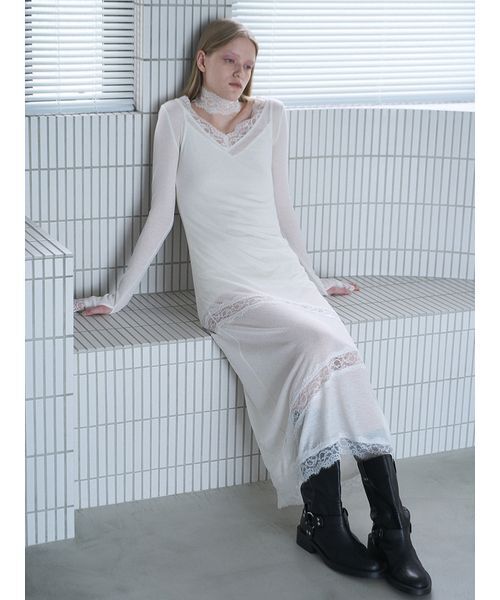 SORIN(ソリン )の「Sheer Wool Rib Lace Dress / シアーウールリブレースドレス(ワンピース・レディース・ブラック/オフホワイト/カーキ・38/36)」の5枚目の写真