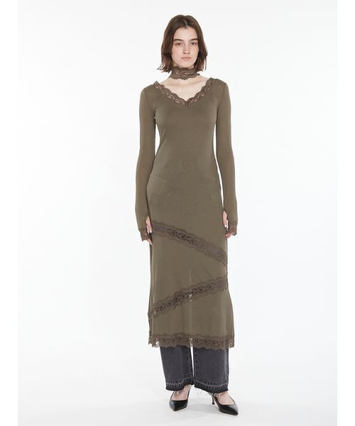SORIN(ソリン )の「Sheer Wool Rib Lace Dress / シアーウールリブレースドレス(ワンピース・レディース・ブラック/オフホワイト/カーキ・38/36)」の8枚目の写真