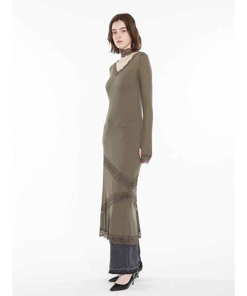 SORIN(ソリン )の「Sheer Wool Rib Lace Dress / シアーウールリブレースドレス(ワンピース・レディース・ブラック/オフホワイト/カーキ・38/36)」の9枚目の写真