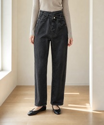 【新作登場】 デニムパンツ レディース ハイウエスト ワイドパンツ ストレートパンツ アシンメトリーウエスト ジーンズ ロングパンツ 美脚 脚長見え ポケット付き カジュアル