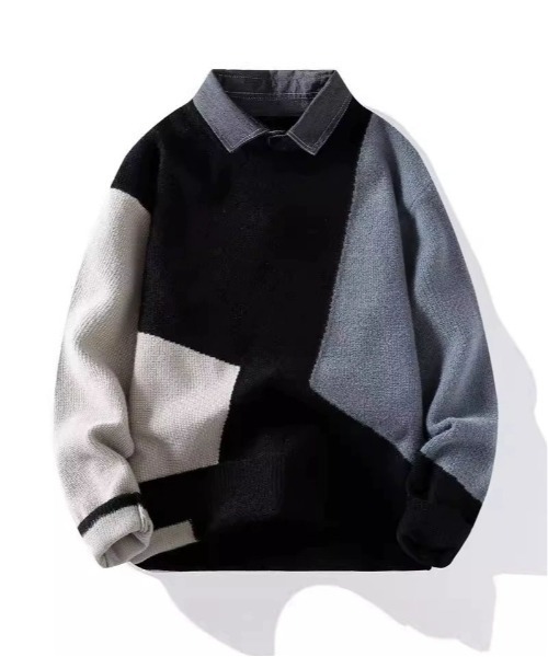 DOUBLE STEAL(ダブルスティール)の「DSカラーブロック襟付きニット(ニット/セーター・メンズ・ブルー・XX-LARGE)」の1枚目の写真