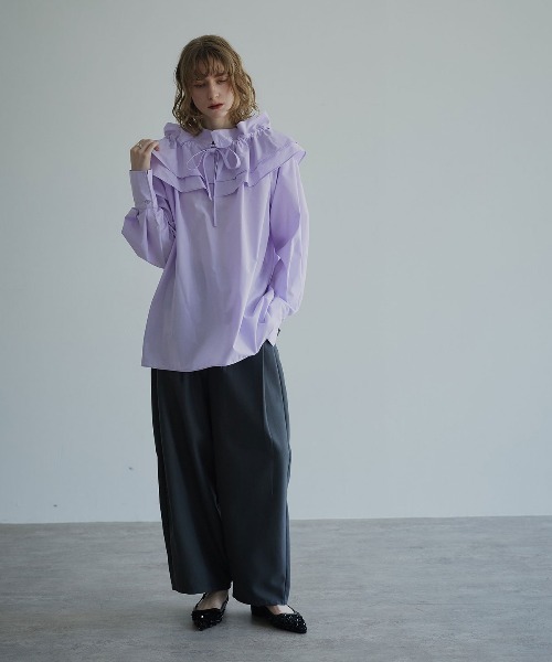 W:Huku(フーク)の「【W:Huku / ノンアイロンシリーズ】2wayショルダーフリルブラウス / No-Iron 2-Way Shoulder-Ruffle Blouse(シャツ/ブラウス・レディース・オフホワイト/ブラック/パープル・FREE)」の8枚目の写真