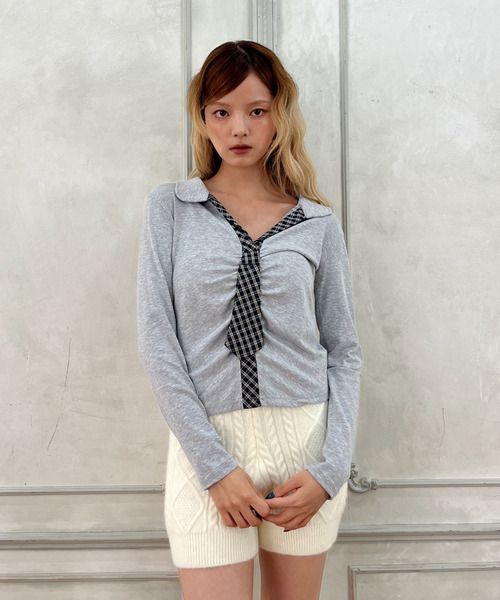 MORE self LOVE（モアセルフラブ）の「チェックネクタイトップス（Tシャツ/カットソー・レディース・グレー/ブラック/オフホワイト・FREE）」の3枚目の写真
