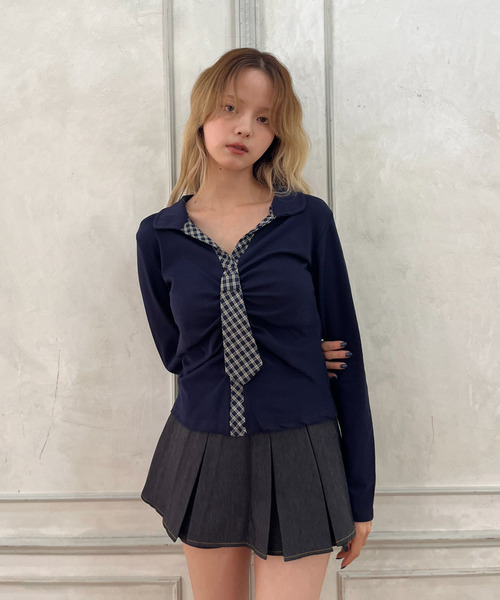 MORE self LOVE（モアセルフラブ）の「チェックネクタイトップス（Tシャツ/カットソー・レディース・グレー/ブラック/オフホワイト・FREE）」の2枚目の写真