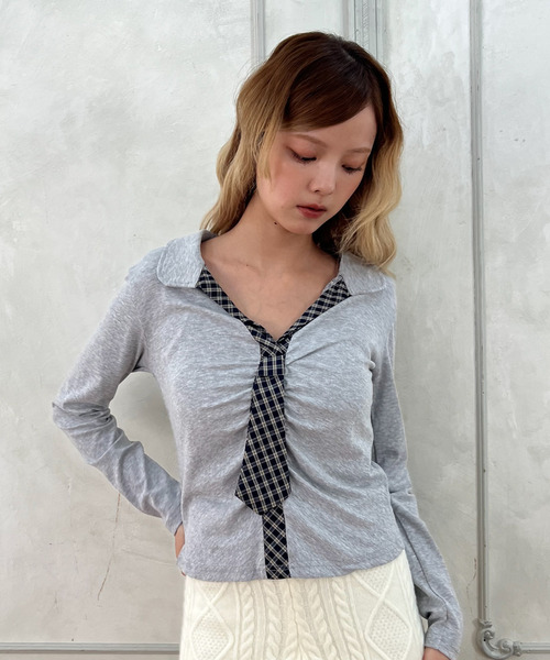 MORE self LOVE（モアセルフラブ）の「チェックネクタイトップス（Tシャツ/カットソー・レディース・グレー/ブラック/オフホワイト・FREE）」の12枚目の写真