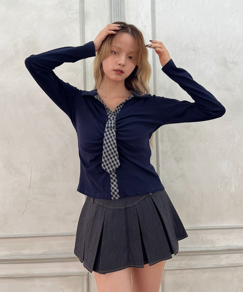 MORE self LOVE（モアセルフラブ）の「チェックネクタイトップス（Tシャツ/カットソー・レディース・グレー/ブラック/オフホワイト・FREE）」の16枚目の写真