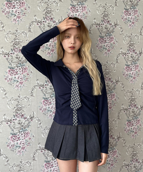 MORE self LOVE（モアセルフラブ）の「チェックネクタイトップス（Tシャツ/カットソー・レディース・グレー/ブラック/オフホワイト・FREE）」の15枚目の写真