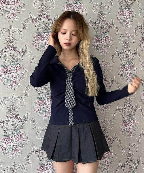 MORE self LOVE（モアセルフラブ）の「チェックネクタイトップス（Tシャツ/カットソー・レディース・グレー/ブラック/オフホワイト・FREE）」の14枚目の写真