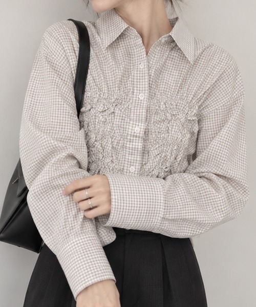HALEY PESCA(ヘーリーペスカ)の「HALEY PESCA/ギャザーシャーリングチェックシャツ(シャツ/ブラウス・レディース・ホワイト/ブラック/ブルー・FREE)」の14枚目の写真