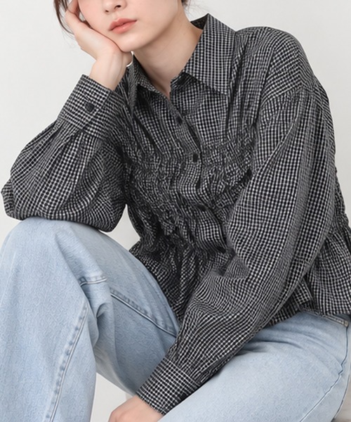 HALEY PESCA(ヘーリーペスカ)の「HALEY PESCA/ギャザーシャーリングチェックシャツ(シャツ/ブラウス・レディース・ホワイト/ブラック/ブルー・FREE)」の7枚目の写真