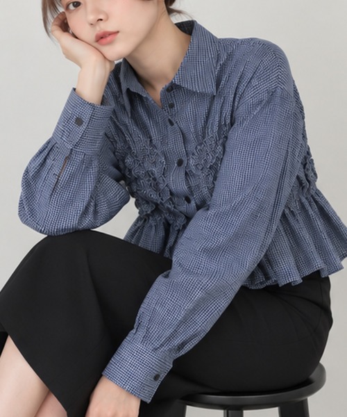 HALEY PESCA(ヘーリーペスカ)の「HALEY PESCA/ギャザーシャーリングチェックシャツ(シャツ/ブラウス・レディース・ホワイト/ブラック/ブルー・FREE)」の11枚目の写真