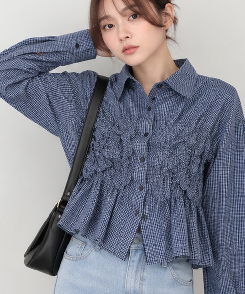 HALEY PESCA(ヘーリーペスカ)の「HALEY PESCA/ギャザーシャーリングチェックシャツ(シャツ/ブラウス・レディース・ホワイト/ブラック/ブルー・FREE)」の6枚目の写真