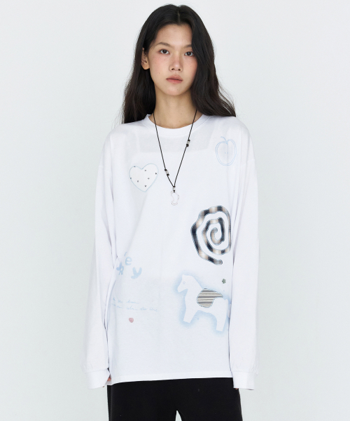 MONGDOL(モンドル)の「パッチワークグラフィック長袖Tシャツ ホワイト MDTS105WHITE(Tシャツ/カットソー・レディース・その他・F)」の2枚目の写真