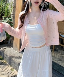パステルカラー 透かし編み ニットカーディガン レイヤード