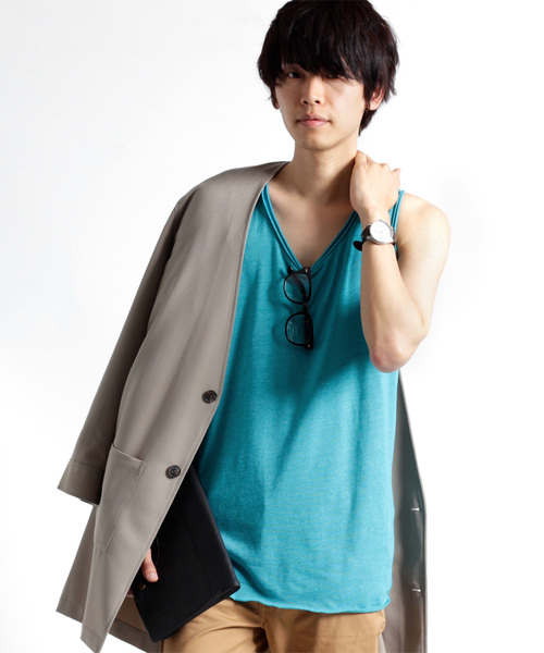 MONO-MART(モノマート)の「ツインロールネックタンク 裾ラウンドロングタンク(Heather mix)(タンクトップ・メンズ・ブルー系その他/ロイヤルブルー/マスタード/ピンク/チャコール/オートミール/ネイビー/カーキ/グレー/レッド/ブルー系その他2/ワイン/ブラック/スモークピンク/エメラルド/ホワイト・L/M/XL/S)」の10枚目の写真
