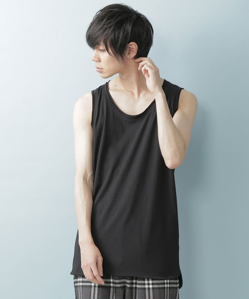 MONO-MART(モノマート)の「ツインロールネックタンク 裾ラウンドロングタンク(Heather mix)(タンクトップ・メンズ・ブルー系その他/ロイヤルブルー/マスタード/ピンク/チャコール/オートミール/ネイビー/カーキ/グレー/レッド/ブルー系その他2/ワイン/ブラック/スモークピンク/エメラルド/ホワイト・L/M/XL/S)」の3枚目の写真