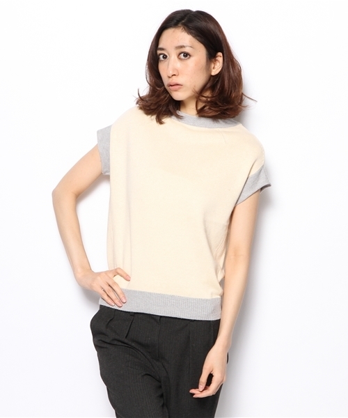 PLST（プラステ）の「アンゴラ混ボートネック半袖ニット（ニット/セーター・レディース・ヘザーグレー/ベージュ/サーモンピンク・2）」の3枚目の写真