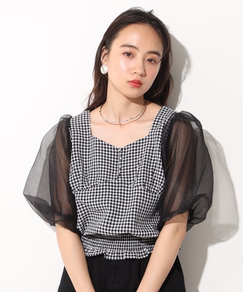 one after another NICE CLAUP（ワンアフターアナザーナイスクラップ）の「袖オーガンジ―ドッキングブラウス（シャツ/ブラウス・レディース・ブラック/オフホワイト/チェック・FREE）」の3枚目の写真