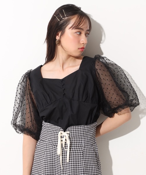 one after another NICE CLAUP（ワンアフターアナザーナイスクラップ）の「袖オーガンジ―ドッキングブラウス（シャツ/ブラウス・レディース・ブラック/オフホワイト/チェック・FREE）」の2枚目の写真