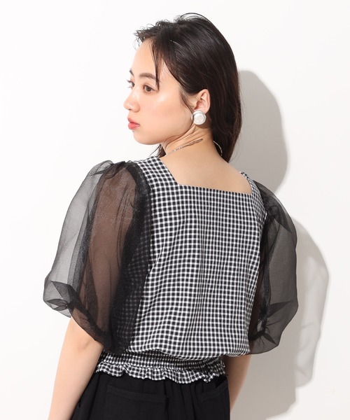 one after another NICE CLAUP（ワンアフターアナザーナイスクラップ）の「袖オーガンジ―ドッキングブラウス（シャツ/ブラウス・レディース・ブラック/オフホワイト/チェック・FREE）」の4枚目の写真