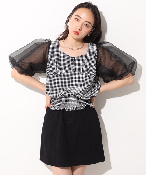 one after another NICE CLAUP（ワンアフターアナザーナイスクラップ）の「袖オーガンジ―ドッキングブラウス（シャツ/ブラウス・レディース・ブラック/オフホワイト/チェック・FREE）」の7枚目の写真