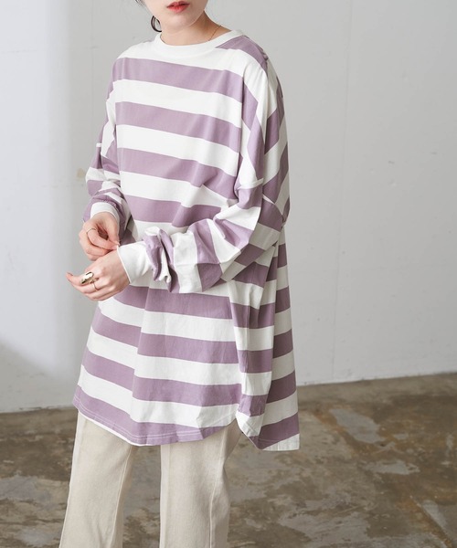 Chaco closet(チャコ クローゼット)の「オーバーサイズドロップショルダー太ボーダーロンT(Tシャツ/カットソー・レディース・ライラック/ブラック/オレンジ/グレー/イエロー・FREE)」の3枚目の写真