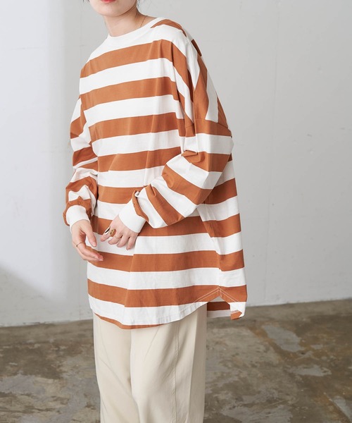 Chaco closet(チャコ クローゼット)の「オーバーサイズドロップショルダー太ボーダーロンT(Tシャツ/カットソー・レディース・ライラック/ブラック/オレンジ/グレー/イエロー・FREE)」の19枚目の写真