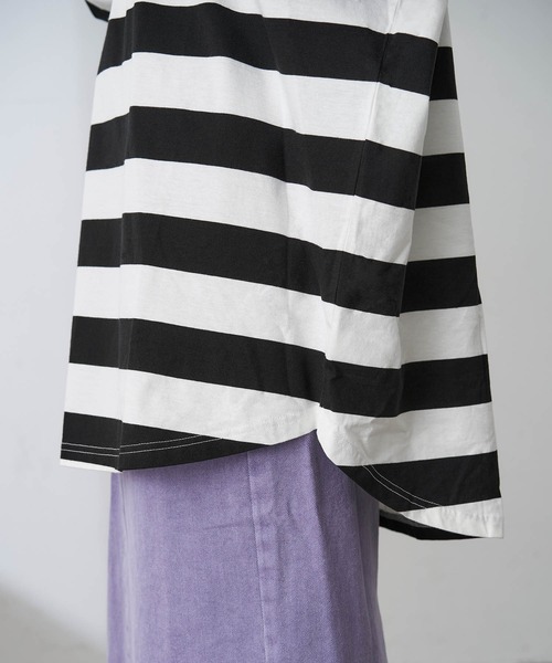 Chaco closet(チャコ クローゼット)の「オーバーサイズドロップショルダー太ボーダーロンT(Tシャツ/カットソー・レディース・ライラック/ブラック/オレンジ/グレー/イエロー・FREE)」の21枚目の写真
