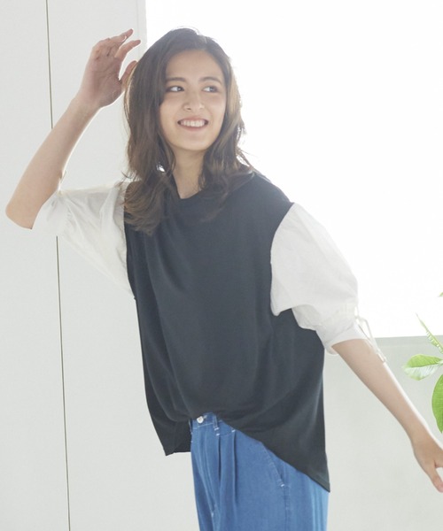 LIPSTAR（リップスター）の「ソデギャザーダンボールニットプルオーバー（Tシャツ/カットソー・レディース・ブラック/ベージュ/グリーン・M）」の2枚目の写真