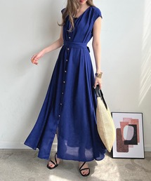 シフォンデザイン袖なしロングワンピース シフォンパフスリーブシャーリングロングワンピース