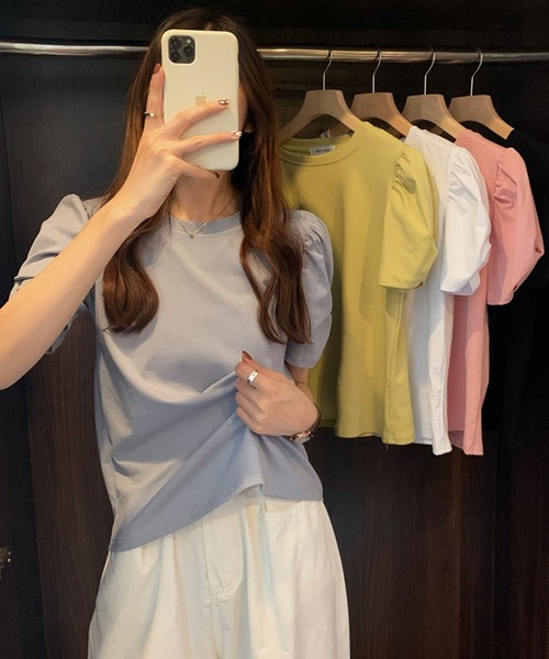 Lea sienna(リーシェンナ)の「パフスリーブのシンプルカットソー(Tシャツ/カットソー・レディース・ホワイト/ブラック/ピンク/イエロー/ブルー・ONESIZE)」の17枚目の写真