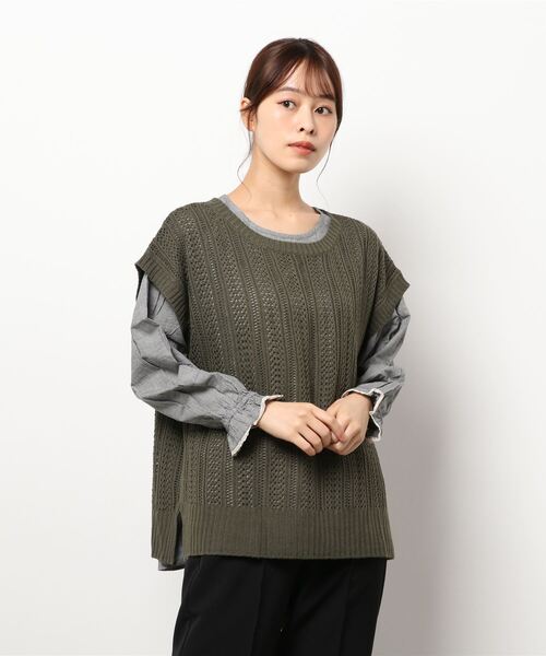 Samansa Mos2（サマンサ モスモス）の「柄編みニットベスト＋ブラウスセット（アンサンブル・レディース・オレンジ/カーキ/チャコール/ブルー/ベージュ・ﾌﾘ-）」の12枚目の写真