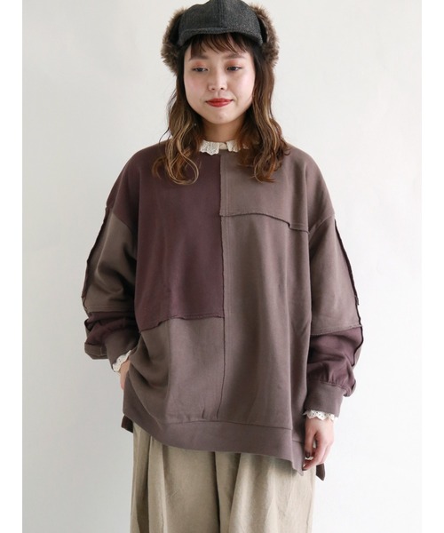 Samansa Mos2（サマンサ モスモス）の「パッチワーク裏毛プルオーバー（Tシャツ/カットソー・レディース・ベージュ/ブラウン/カーキ・ﾌﾘ-）」の2枚目の写真