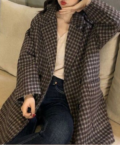 MAISON DE THERESE（メゾン ド テレーズ）の「ゆったりラインジャケット/間綿のチェックコート（テーラードジャケット・レディース・グレー/ブラック/ブラウン・MEDIUM/LARGE/SMALL）」の19枚目の写真