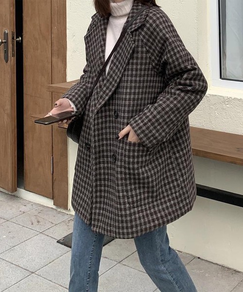 MAISON DE THERESE（メゾン ド テレーズ）の「ゆったりラインジャケット/間綿のチェックコート（テーラードジャケット・レディース・グレー/ブラック/ブラウン・MEDIUM/LARGE/SMALL）」の16枚目の写真