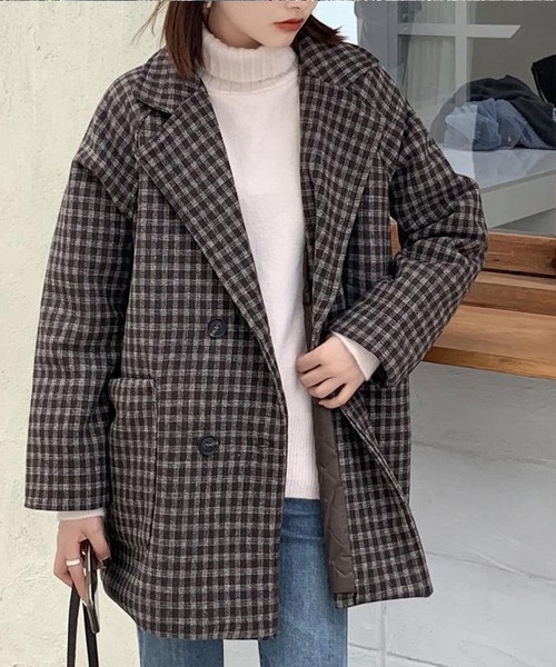 MAISON DE THERESE（メゾン ド テレーズ）の「ゆったりラインジャケット/間綿のチェックコート（テーラードジャケット・レディース・グレー/ブラック/ブラウン・MEDIUM/LARGE/SMALL）」の14枚目の写真