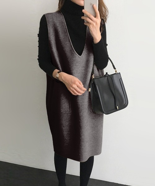 AMELY（エミリー）の「Vネックジャンパースカート（ジャンパースカート・レディース・チャコールグレー/ブラック/グリーン/ブルーグレー/グレー/ブラウン/グレー系その他・L/M）」の9枚目の写真