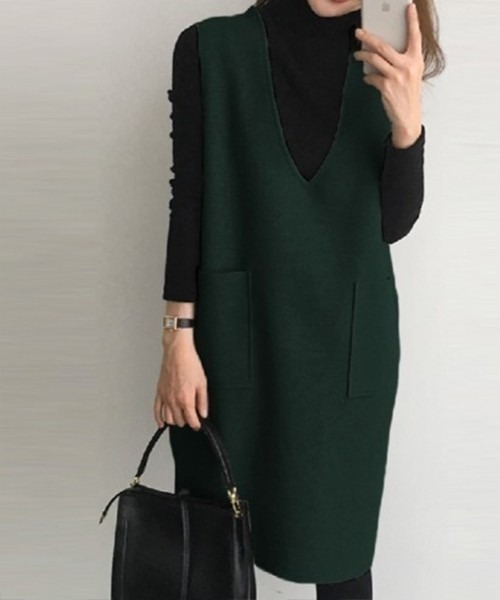 AMELY（エミリー）の「Vネックジャンパースカート（ジャンパースカート・レディース・チャコールグレー/ブラック/グリーン/ブルーグレー/グレー/ブラウン/グレー系その他・L/M）」の13枚目の写真