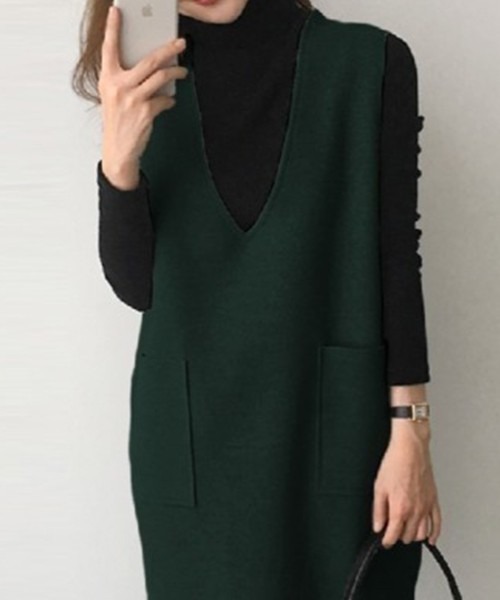 AMELY（エミリー）の「Vネックジャンパースカート（ジャンパースカート・レディース・チャコールグレー/ブラック/グリーン/ブルーグレー/グレー/ブラウン/グレー系その他・L/M）」の14枚目の写真