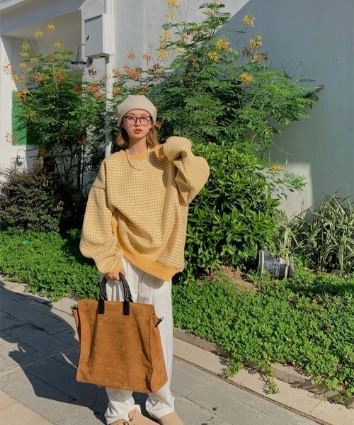 KOR（ケーオーアール）の「千鳥格子　ビッグシルエットプルオーバー（スウェット・レディース・ブラック/イエロー・FREE）」の15枚目の写真