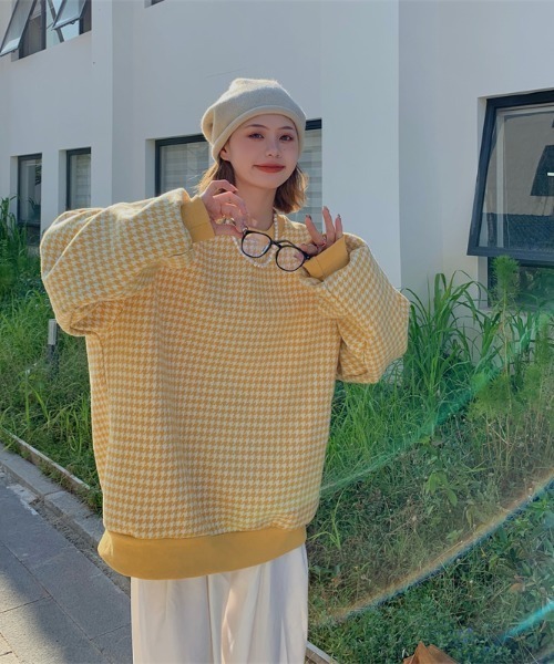 KOR（ケーオーアール）の「千鳥格子　ビッグシルエットプルオーバー（スウェット・レディース・ブラック/イエロー・FREE）」の8枚目の写真