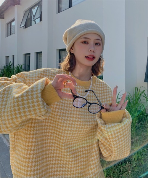 KOR（ケーオーアール）の「千鳥格子　ビッグシルエットプルオーバー（スウェット・レディース・ブラック/イエロー・FREE）」の9枚目の写真