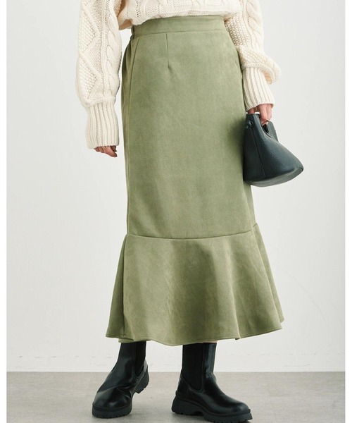 Petit fleur（プチフルール）の「・Petit Fleur ポンチスエードラッフルスカート＊（スカート・レディース・チャコールグレー/カーキ/アイボリー/グレイッシュベージュ・FREE）」の4枚目の写真