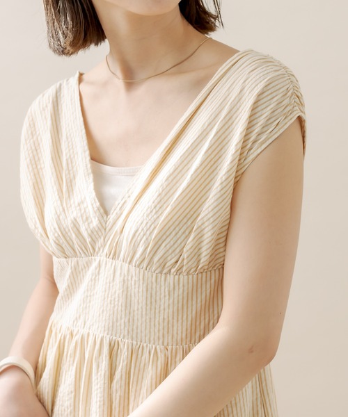 mline（エムライン）の「[mline]ストライプフレンチスリーブワンピース（ワンピース・レディース・オフホワイト/イエロー/ブルー・2/1）」の9枚目の写真