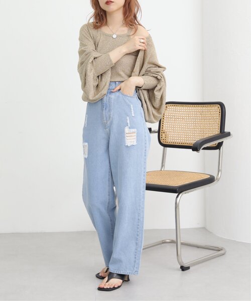 RAY CASSIN(レイカズン)の「ダメージイージーデニム(デニムパンツ・レディース・ベージュ/ネイビー/ブルー・FREE)」の4枚目の写真